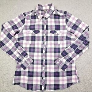Eddie Bauer Womens Small Purple Navy White Plaid Button Up Roll Tab Casual Shirt